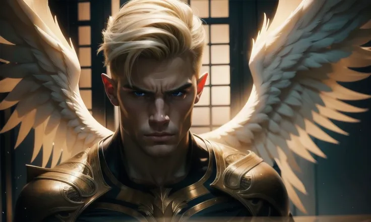 [((highly detailed, detailed eyes, detailed face, clear and realistic facial features, photorealistic, realistic light, cinematic)), (1 man), (((((Gorgeous perfect sexy powerful masculine male angel))))), (((two large white wings coming from his back))), (...