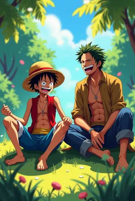 Create an image of Luffy and joyboy sitting together 
