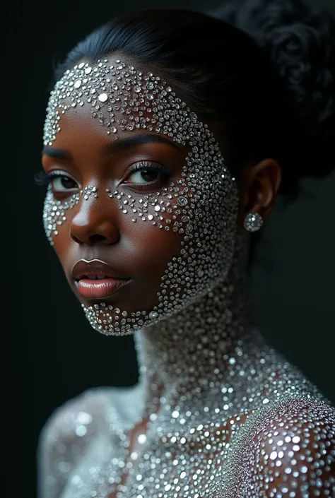  a black woman with diamonds encrusted on her skin all over her body 