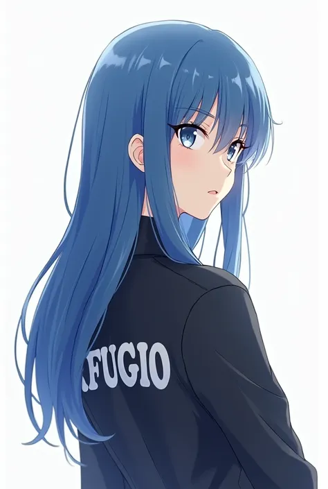 Anime woman facing back with side head to the right then wearing jacket with my last name REFUGIO with blue long hair 