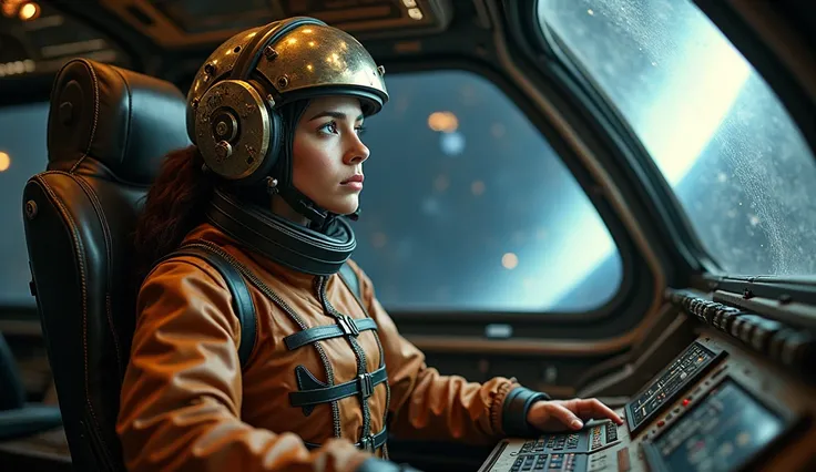 Depicts an immersive space exploration scene featuring an experienced female alien astronaut inside a futuristic cockpit. The woman, dressed in a brown-toned spacesuit, sports a pilots helmet with shiny, steampunk-influenced metallic details. Her expressio...