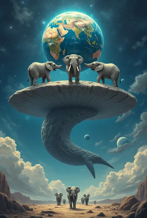 A planet, 3 elephants hold the planet earth, 3 elephants stand on a whale, Cosmos, The planet Earth is flat., кит в Cosmosе