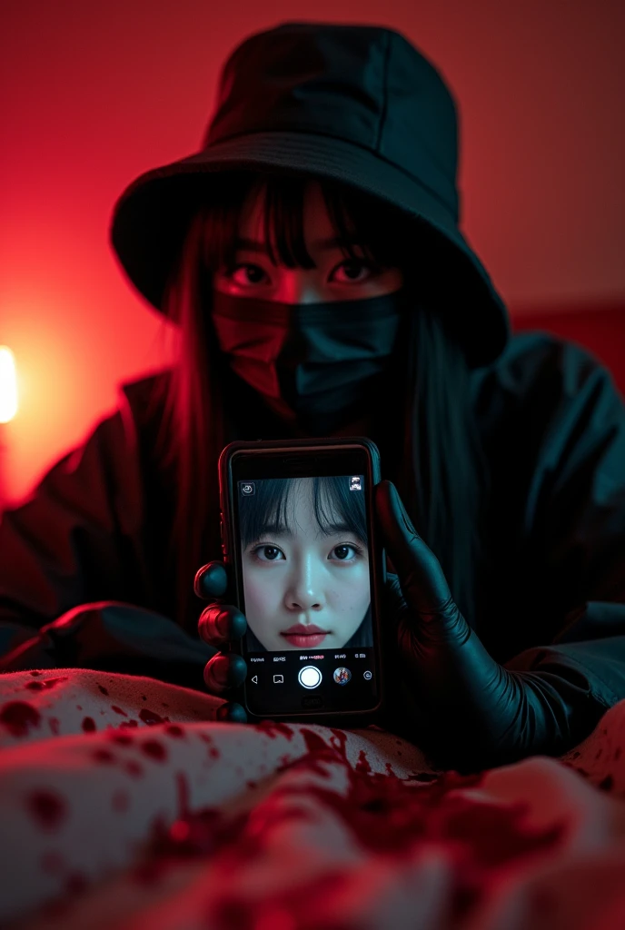 korean girl, (behind corpse, smartphone), black surgical mask, black gloves, room full of blood, black raincoat, bucket hat, holding knife, black gloves, woman on top, looking at viewer, behind corpse, blood splatter, on the bed, night, mass murderer, kill...