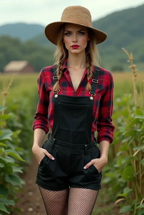 can you create a farmers costume for a , in a sexy black short overall, wearing a red plaid long-sleeved shirt underneath, black mesh tights, WHITE TENNIS, two braids, with striking makeup and a fique hat 
