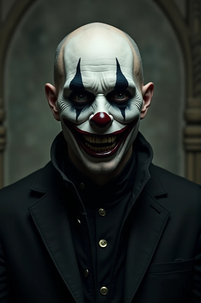 A guy with a clown mask with stars on his eyes and a black nose and a black mouth and bald