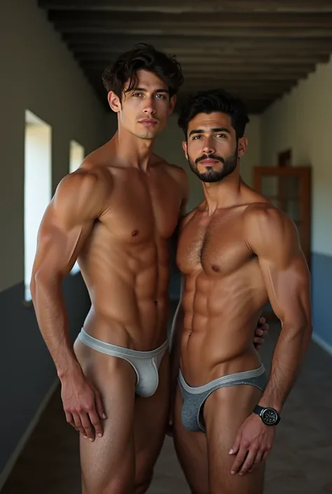 2 Vietnamese men, 25 years old, 2 people , Handsome and elegant, just, sexy , Masculine and handsome，hugs and kisses, have muscles，Muscles look good.，hairy, Have fair skin..,no beard, full body photo,(very detailed, realistic, best quality, 4K, 8ก, height,...