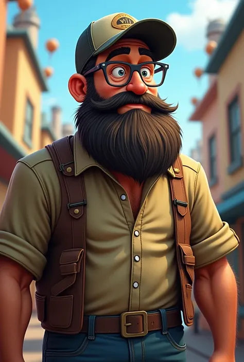 40 year old man with baseball hat and glasses with a dark beard large build disney style character