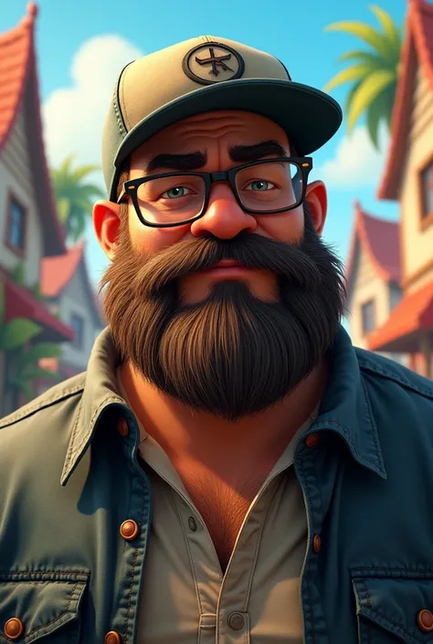 40 year old man with baseball hat and glasses with a dark beard large build disney style character