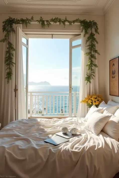 The bedroom with a balcony window on the second floor opens out to the beach and the sea., The interior is decorated in cream color. The bed is covered with a thick, soft, white blanket., There are four white pillows on the bed.,The wall is decorated with ...