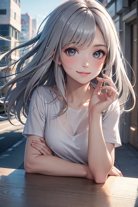 Best Quality,High resolution,8k,finelity detailed background,Masterpiece:1.2),beautiful girl,Glossy romance gray hair,messy hair,Gray eyes,Gentle look,A refreshing look,smile,Best quality,Best Quality,Aesthetic and aesthetic:1.2,Best details((Super detaile...