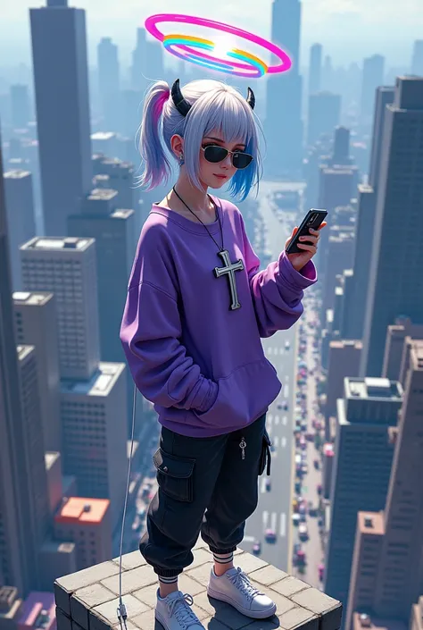  demon girl, rainbow colored halo,white and blue hair ,silver cross necklace,Sunglasses, purple sweatshirt, black cargo pants,WHITE TENNIS, earphones, holding her cell phone, Observe a large city from afar 