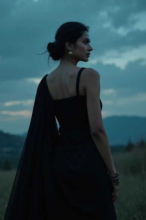 Kriti sanom black saree, relaxed pose, cloud, noises, no lights, night, raw photo