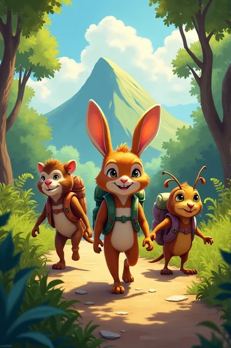 Image 2: Starting the Journey
The group of animals, including Timmy the rabbit, the monkey, the ant, and the parrot, setting out on their adventure with backpacks and determined expressions. The forest path leading to the high hill can be seen in the backg...