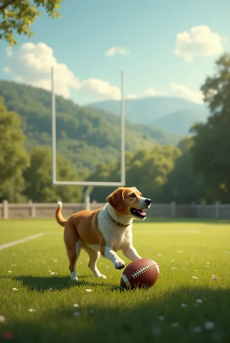 Renaissance-style football field with a dog playing football digital illustration, , inspired by classic landscapes, with a 70mm lens, medium shot, HDR lighting, 8k resolution, highlighting detailed natural elements and a tranquil atmosphere.