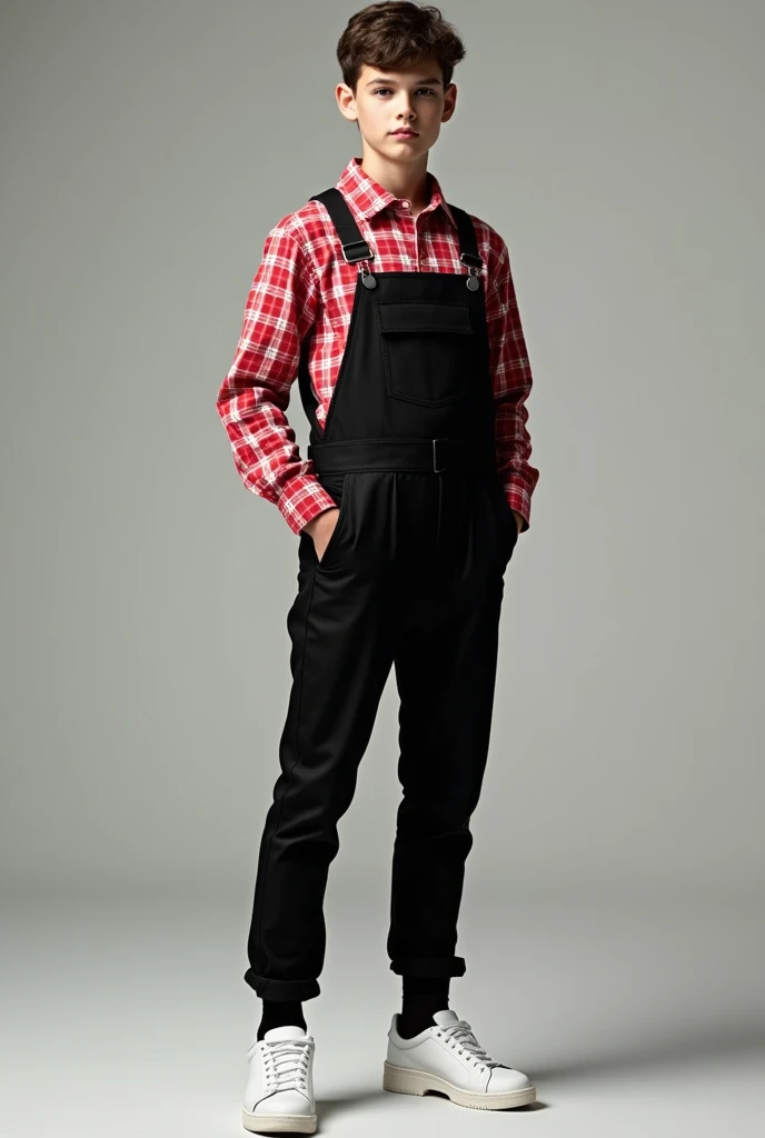 Can you make me a farmer costume for a 15 year old boy?, with a sexy black pants overol, Im wearing a red checkered long-sleeved shirt and tights underneath., WHITE TENNIS