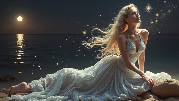 A hyper-realistic image of a woman embodying the Cancer zodiac sign. She has long, wavy hair, a serene and protective expression, and wears a flowing, silver dress reminiscent of ocean waves. Posting back side sitting over beach sand. The background featur...