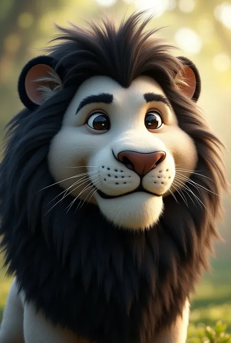 A charismatic and empathetic furry lion with black and white fur 