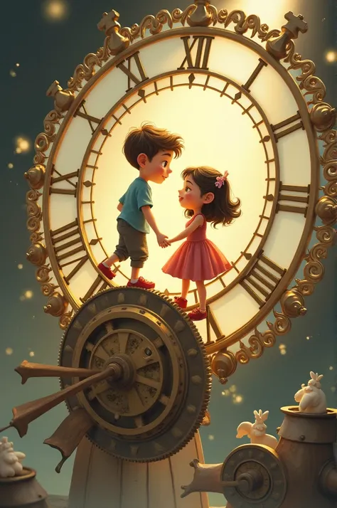 Create an image of cartoon boy and girl standing on two hands of a clock that saying gods time is always perfect