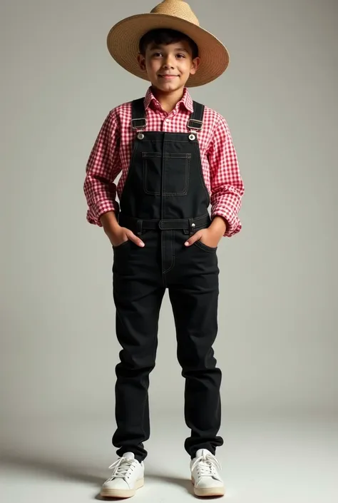 Can you make me a farmer costume for a 15 year old boy?, with a sexy black pants overol, Im wearing a red checkered long-sleeved shirt and tights underneath., white tennis shoes and a fique hat 