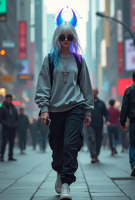  demon girl, rainbow colored halo,white and blue hair ,silver cross necklace,Sunglasses, silver gray sweatshirt, black cargo pants,WHITE TENNIS, earphones, holding her cell phone, They walk down a street in a big city 