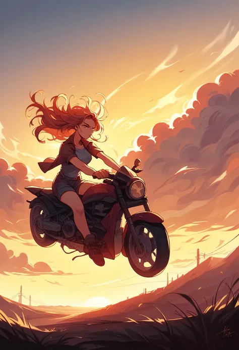 (best qualityer, high resolution),1 girl, sitting on a mighty, the modern Ducati motorcycle, color red,dynamic pose, wind blowing your hair, swirly vibrant colors, stunning sunset, landscape by the sea, golden hour lighting.