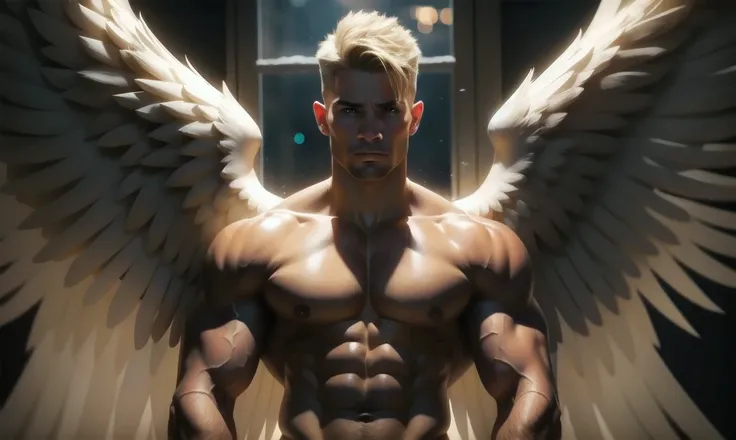 [((highly detailed, detailed eyes, detailed face, clear and realistic facial features, photorealistic, realistic light, cinematic)), (1 man), (((((Gorgeous perfect sexy powerful masculine male angel))))), (((two large white wings coming from his back))), (...