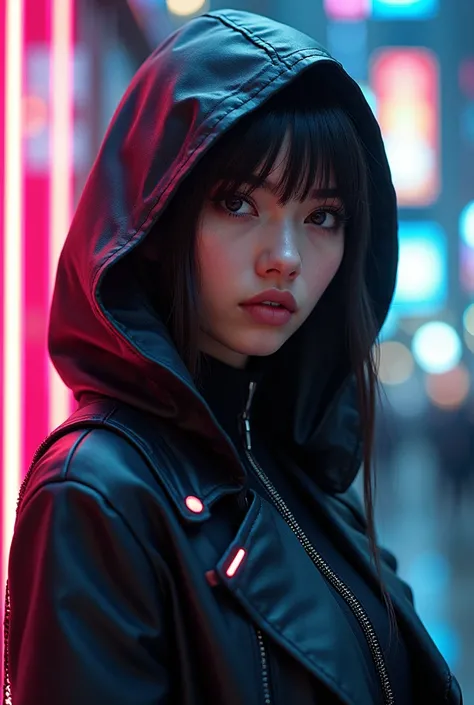 a handsome girl, cyberpunk style, hood, neon lights, high-tech clothing, 