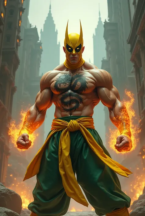 1man, shirtless, martial arts, yellow iron fist mask, white eye patterns with black outline , muscular, green costume, yellow belt and boots, burning fists, black dragon tatto in middle chest, mystical city background