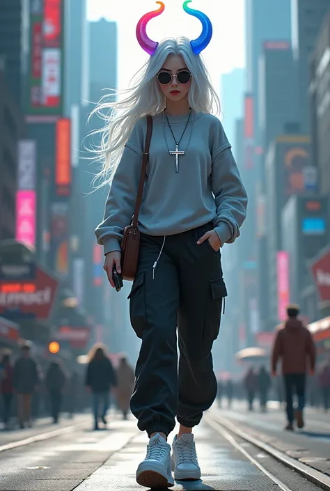  demon girl, rainbow colored halo,white and blue hair ,silver cross necklace,Sunglasses, silver gray sweatshirt, black cargo pants,WHITE TENNIS, earphones, holding her cell phone, walk through a big city 