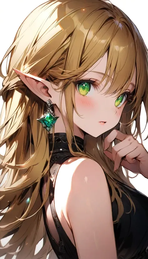 (1girl:1.3), (elf girl:1.3), (long blonde hair:1.2), (vibrant green eyes:1.3), (black dress:1.2), (seductive pose:1.1), (hand raised:1.0), (detailed clothing:1.1), (pointed ears:1.2), (delicate jewelry:1.1), (shadowverse style:1.2), (clean anime art:1.2), ...