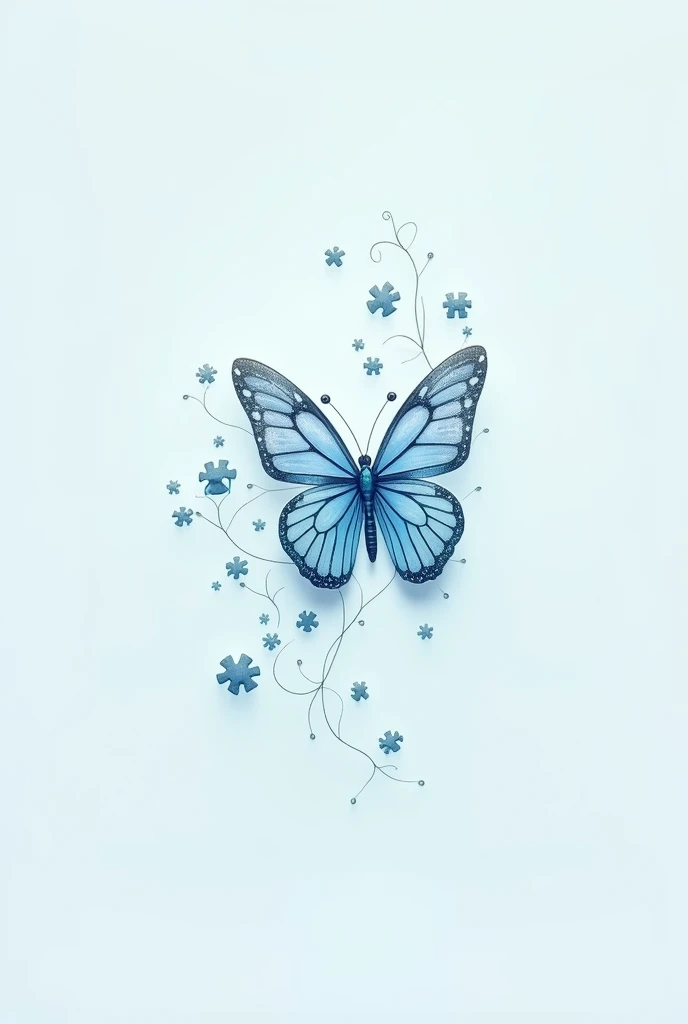 Blue psychology logo with a butterfly, fine lines and puzzle with the name Thaís Feitosa psychologist 