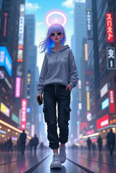  demon girl, rainbow colored halo,white and blue hair ,silver cross necklace,Sunglasses, silver gray sweatshirt, black cargo pants,WHITE TENNIS, earphones, holding her cell phone, walk through a big city 