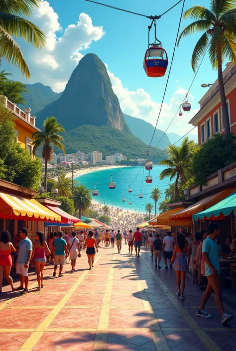 Create an image of the Copacabana sidewalk, cable car at Sugarloaf Mountain seen from the sidewalk 