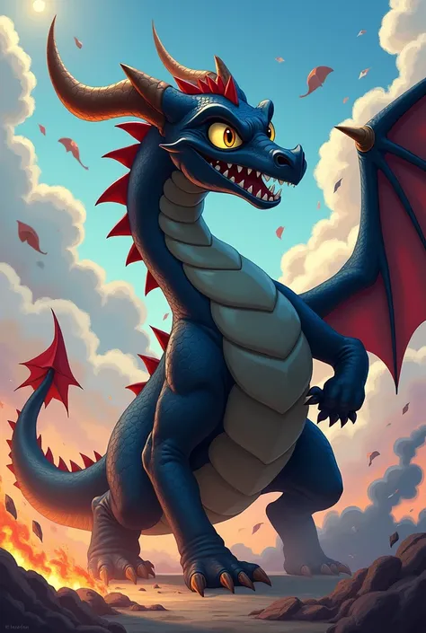 strong black dragon in disney cartoon format in battle, holding tool