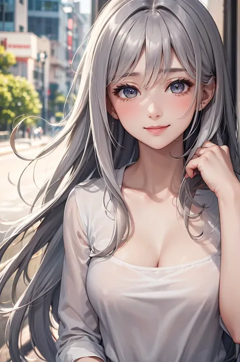 Best Quality,High resolution,8k,finelity detailed background,Masterpiece:1.2),beautiful girl,Glossy romance gray hair,messy hair,Gray eyes,Gentle look,A refreshing look,smile,Best quality,Best Quality,Aesthetic and aesthetic:1.2,Best details((Super detaile...