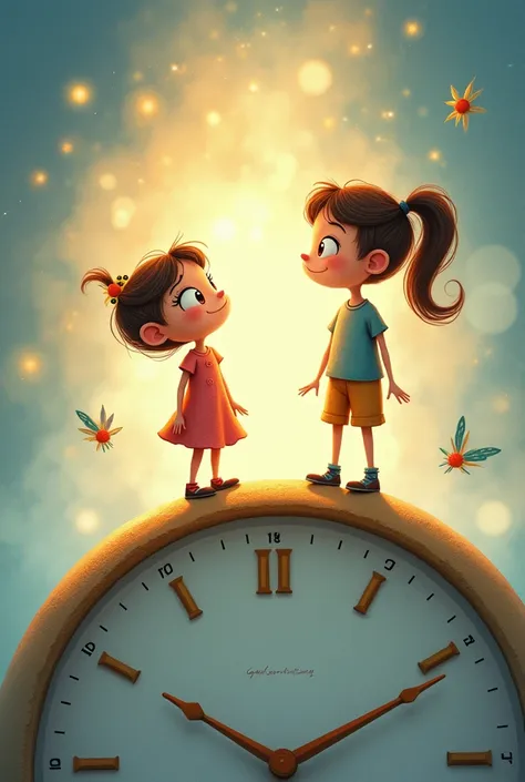 An image of cartoon boy and girl standing on two hands of a clock that saying gods timing 