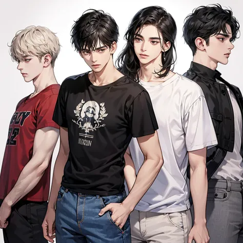 black hair, brown eyes, Sharp features, white skin, perfect, t-shirt, simple background, 4 boys, Stationary face, shut your mouth, handsome, cool, Stand in line, friend