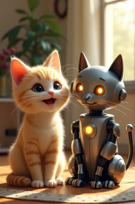 An animal cat and a robot cat together smiling 