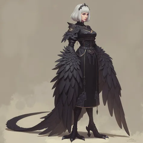 Harpy, bird woman, traditional clothing, Harpy feet, black feathers, black wings, long black tail feathers, white hair, short bob cut, concept art, simple background, ultra high definition, 