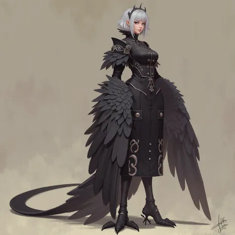 Harpy, bird woman, traditional clothing, Harpy feet, black feathers, black wings, long black tail feathers, white hair, short bob cut, concept art, simple background, ultra high definition, 