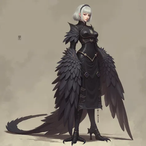 Harpy, bird woman, traditional clothing, Harpy feet, black feathers, black wings, long black tail feathers, white hair, short bob cut, concept art, simple background, ultra high definition, 