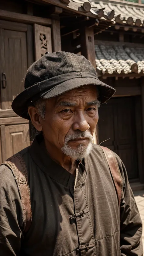 image of an old man in the feudal period of China, wise eyes, sharp. hình ảnh ông già đang ở chính giữa bức ảnh, Nhìn từ xa