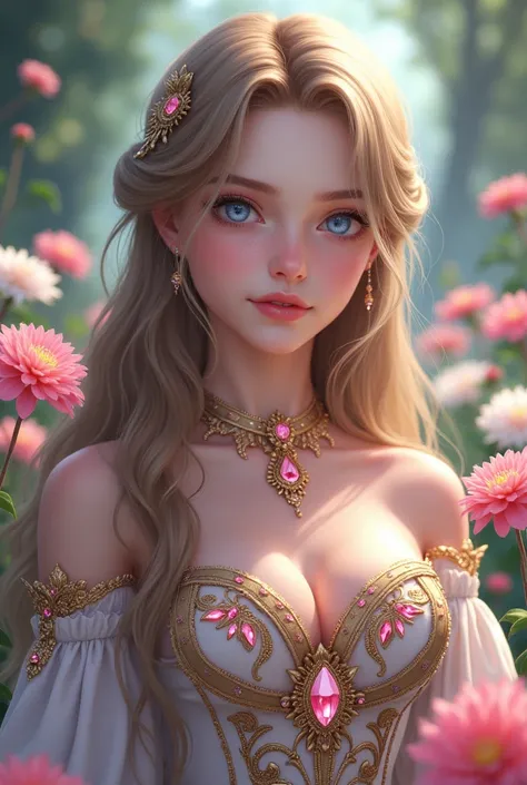 (mesa), (Best Quality), Very detailed, (1 chick:1.4), (full body photographed:1.3)，high，shy and kind face, Beautiful face with sky blue eyes, Extra detailed face，Long light brown hair，flores dalias，long medieval era dress, with many gold details, decorated...