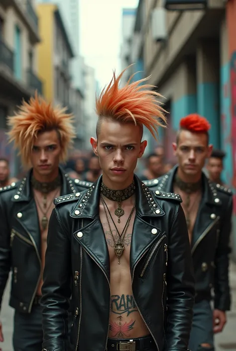 Group of punks in studded jackets and mohawks on the streets of São Paulo
