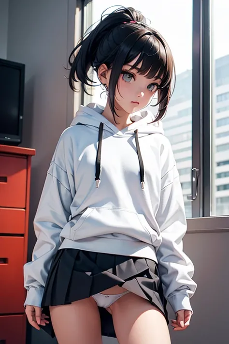 hoodie,No sleeve,mini skirt,Trendy hairstyles,White underwear,Expressionless,NSFW