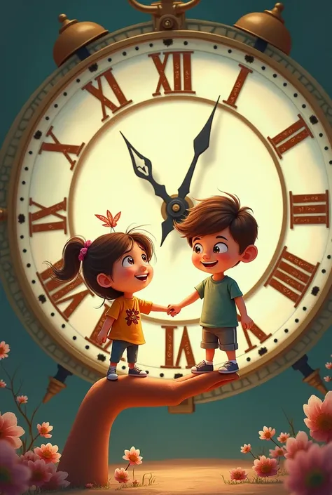 An image of cartoon boy and girl standing on two hands of a clock that saying gods timing 