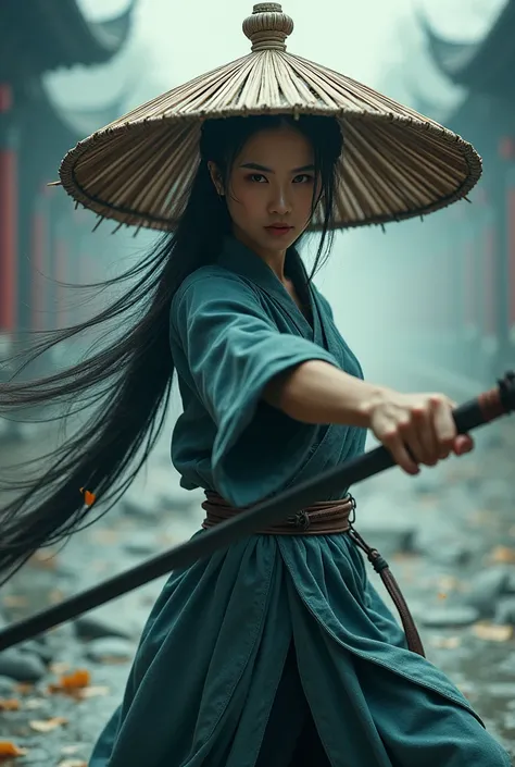 Ancient Chinese architecture，hazy，A female warrior wearing a large straw hat，Holding a sword，With a murderous look on ones face，A fluttering cape，Dynamic，mystery，bust，雾气hazy，Watery halo，close up，Martial Arts Style，Ink，Dark Tones，Movie Posters，Ultra high qu...