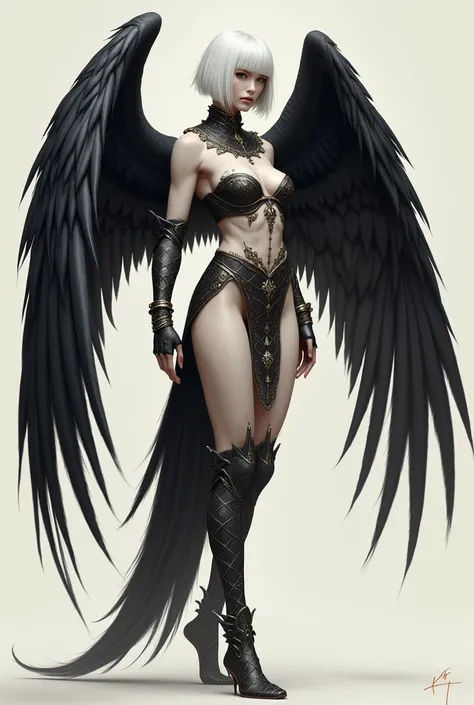 Harpy, bird woman, traditional clothing, Harpy feet, black feathers, black wings, long black tail feathers, white hair, short bob cut, concept art, simple background, ultra high definition, 