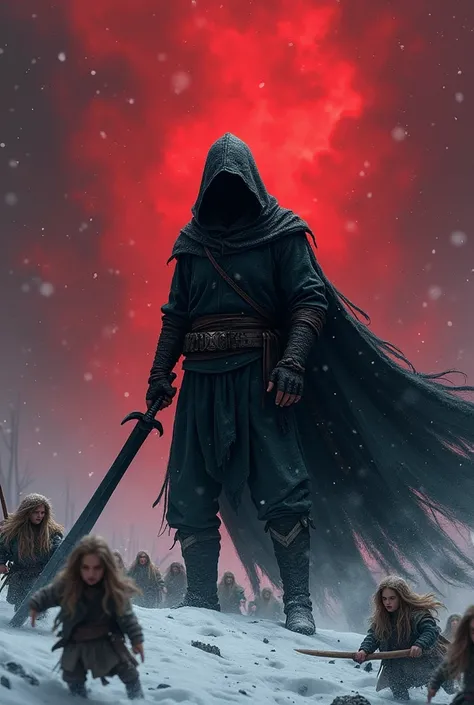 Create a scene where a hooded villain kills several hobbits with his black sword amidst a rain of red clouds in the snow.