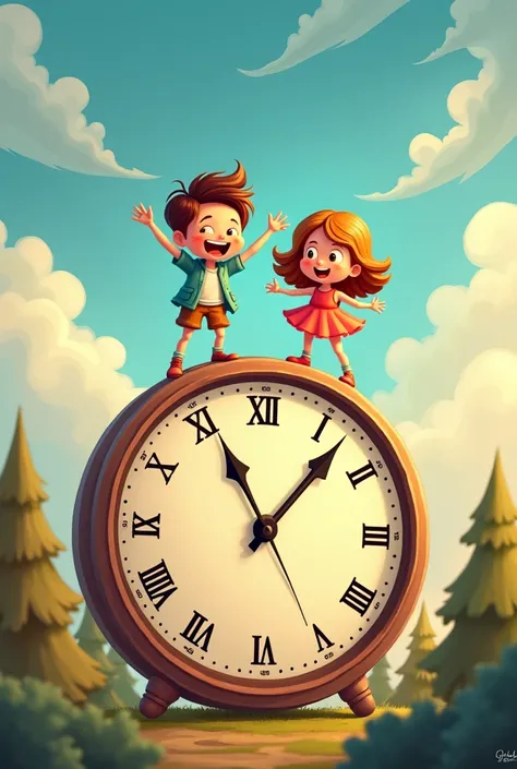 An image of cartoon boy and girl standing on two hands of a clock that saying gods timing 